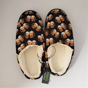 Mens Black Yellow Beer Mug Print Bedroom House Slippers Shoes Sz XL 13 NWT